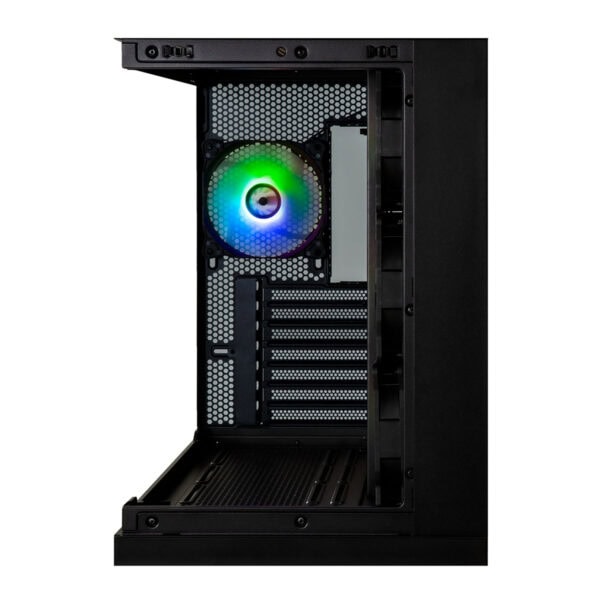 Yandan görünümde içi aydınlatmalı RGB fan ve boşta kalan PCI ve RAM slotlarıyla gaming bilgisayar kasası, yüksek performanslı oyun ve bilgisayar bileşenleri için ideal.