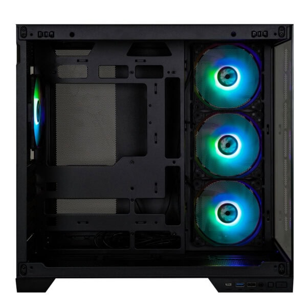 Yüksek performanslı gaming bilgisayar kasası iç yapısı, RGB aydınlatmalı fanlar ve gelişmiş hava akış sistemi ile soğutma sağlar. Oyuncular ve donanım meraklıları için ideal, şık ve dayanıklı tasarım.
