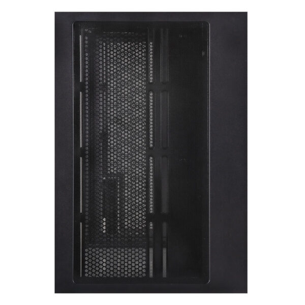 Yüksek performanslı oyun bilgisayarı kasa paneli, hava akışını optimize eden siyah metal ızgara ile tasarlanmış, oyun tutkunları ve teknolojiseverler için ideal bilgisayar kasası.