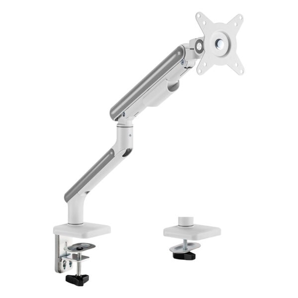 Esnek ve ayarlanabilir bilgisayar monitör tutucu, ergonomic design, yüksek yük kapasiteli, masaüstü ve duvara montaj imkanı, oyun ve ofis kullanımı için ideal, şık beyaz renkli.