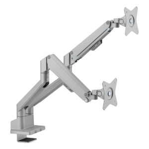 Esnek ayarlanabilir bilgisayar monitör tutucu, çift kol ve VESA uyumlu metal yapısı ile ergonomik ofis ve oyun odası kullanımı için ideal.