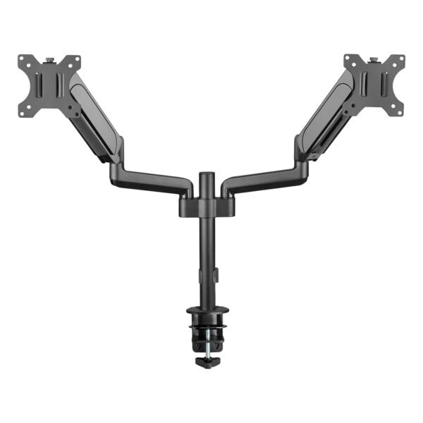 Görüntüde iki monitör tutucu ve ayar kolu, çift ekran kurulumları için mekanizma. Profesyonel ve oyun odaklı monitor standı, stabilite ve uygun ayar yapma özelliği ile ergonomik kullanım sağlar.