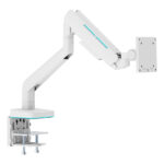 Gümüş ve beyaz renkli bilgisayar monitör ve ekran tutucu, ergonomik ve ayarlanabilir tasarım, ofis ve ev kullanımı için ideal.