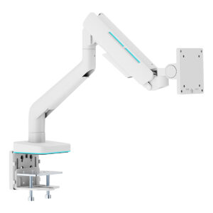 Gümüş ve beyaz renkli bilgisayar monitör ve ekran tutucu, ergonomik ve ayarlanabilir tasarım, ofis ve ev kullanımı için ideal.