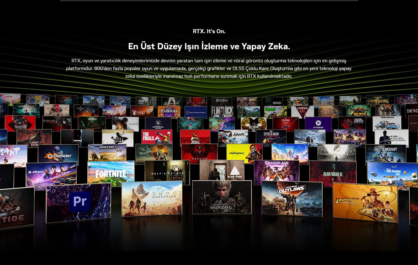 RTX oyun ve yapay zeka teknolojileriyle en yüksek performansı sunan en yeni oyunlar ve grafikler, bilgisayar oyunları ve yenilikçi yapay zeka özellikleriyle öne çıkan yüksek teknolojili platformlar.