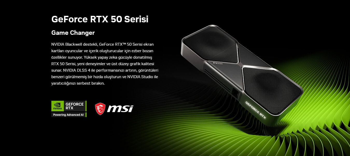 GeForce RTX 50 serisi ekran kartı, yüksek performans ve gelişmiş grafik özellikleri ile oyun ve içerik üretiminde üstün deneyim sağlar. NVIDIA Blackwell teknolojisi ve DLSS 4 desteği ile performansınızı artırın.
