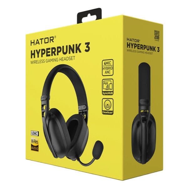 Yüksek kaliteli kablosuz oyun kulaklığı Hator HyperPunk 3, 4 mikrofon, hibrit ANC, uygulama uyumluluğu ve ClearScan teknolojisi ile üstün ses deneyimi sunar.