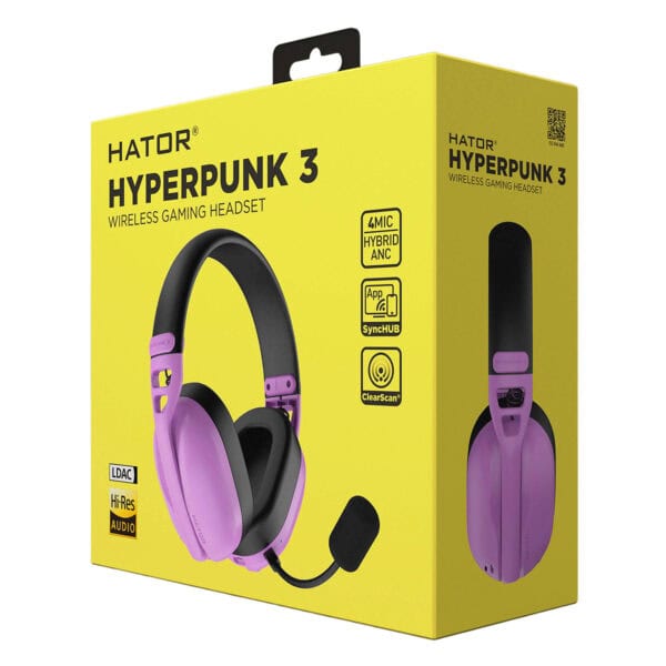 Yüksek kaliteli hiper punk 3 kablosuz oyun kulaklığı kutusu, parlak sarı ve mor tasarım, mikrofon ve Bluetooth bağlantısı özellikleri ile oyun deneyimini artırır.