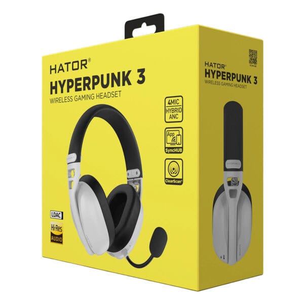 Yüksek kaliteli HATOR HyperPunk 3 kablosuz oyun kulaklığı, oyunlar ve ses deneyimi için gelişmiş özellikler, sessiz ortamlar ve konforlu kullanım sağlar.