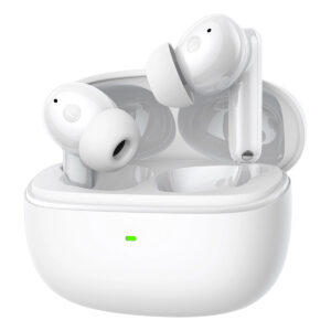 Kablosuz beyaz bluetooth kulaklıklar, şarj kutusu ve yüksek ses kalitesi ile modern tasarım, oyun ve müzik için ideal.