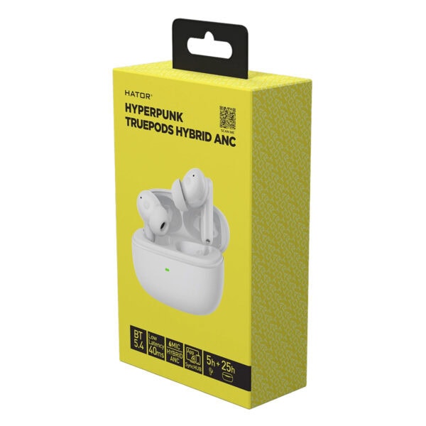 Kablosuz Bluetooth kulaklık Hator Hyperpunk TruePods Hybrid ANC kutusu, şarj ve bağlantı özellikleri vurgulanmış, şık ve modern tasarımıyla dikkat çekiyor.
