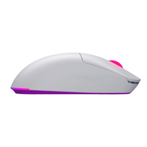 Yüksek çözünürlüklü beyaz oyun faresi, RGB aydınlatmalı optik sensör, ergonomik tasarım, kablosuz ve kablolu kullanım seçenekleri, bilgisayar oyunları ve ofis çalışmaları için ideal, gelişmiş performans.