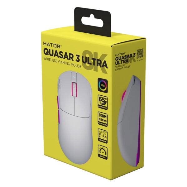 Yüksek kaliteli Hator Quasar 3 Ultra kablosuz oyun faresinin ambalajı, RGB aydınlatma ve hafif tasarımıyla dikkat çekiyor. Bu gaming mouse, 100M tıklama dayanıklılığı, 65g hafiflik, 2.4 GHz ultra hızlı bağlantı, 5.1 düğüm ve 8000Hz yenileme hızıyla öne çıkıyor, mükemmel performans ve konfor sağlar.