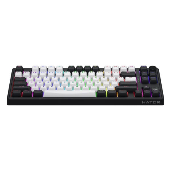 Renkli RGB led aydınlatmalı gaming mekanik klavye, uygun fiyatlı ve yüksek performanslı HATOR markası, oyuncular için tasarlanmış, dayanıklı ve şık tasarım.