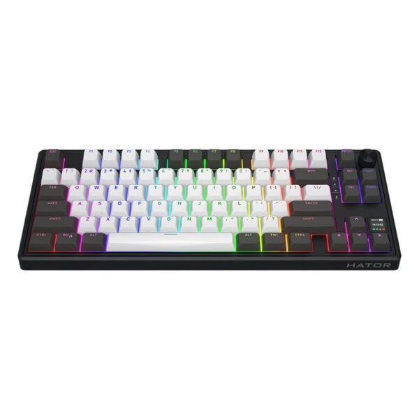 Renkli led arkadan aydınlatmalı oyuncu mekanik klavye, RGB ışıklı tuşlara sahip gaming klavye, HATOR marka, bilgisayar oyunları için uygun, uzun ömürlü ve yüksek performanslı klavye.
