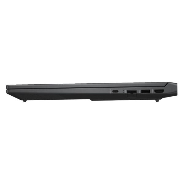 Yüksek performanslı gaming laptopu yan görünüm, çeşitli bağlantı noktaları ve güç girişleri ile donatılmış, şık ve modern tasarıma sahip.