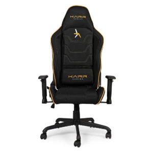 Konforlu gaming koltuğu, ergonomik tasarımı ve dayanıklı malzemeleriyle uzun oyun seansları için ideal, KaraR Gaming markalı siyah ve turuncu detaylı ofis ve oyun koltuğu.