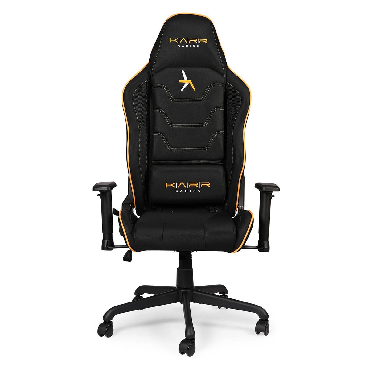 Konforlu gaming koltuğu, ergonomik tasarımı ve dayanıklı malzemeleriyle uzun oyun seansları için ideal, KaraR Gaming markalı siyah ve turuncu detaylı ofis ve oyun koltuğu.
