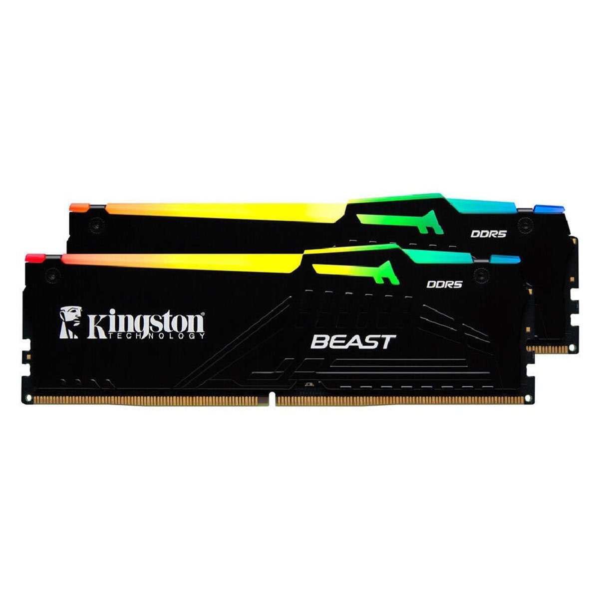 Yüksek performanslı Kingston Beast DDR5 RAM modülleri, renkli RGB aydınlatmalı oyun ve bilgisayar kullanımı için yüksek hız ve güvenilirlik sağlar.