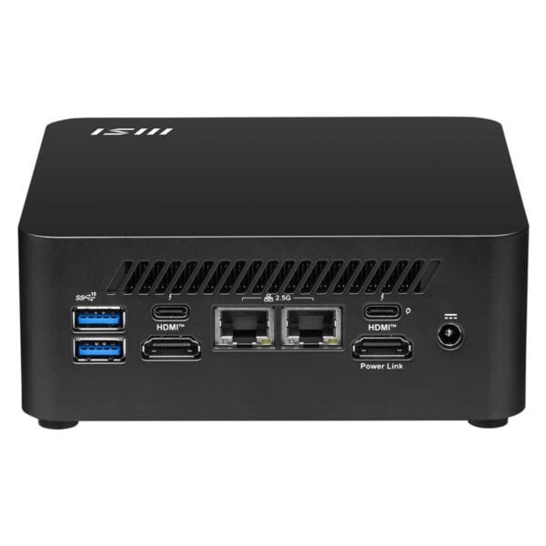 Yüksek performanslı oyun ve multimedya mini bilgisayar, USB, HDMI, Ethernet portleri ve soğutucu delikleri ile çeşitli bağlantı seçenekleri sunar.