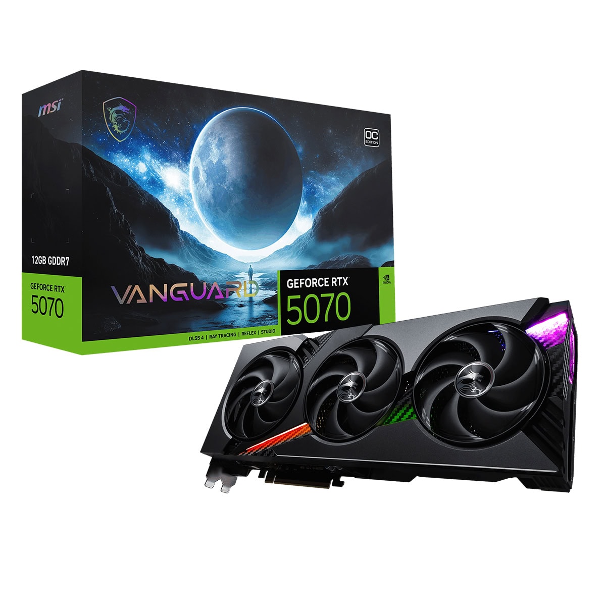 Yüksek performanslı MSI VANGUARD NVIDIA GeForce RTX 5070 ekran kartı ve kutusu, güçlü grafik işlemi, oyun ve grafik tasarımı için ideal. Renkli RGB aydınlatma ve gelişmiş soğutma özellikleriyle öne çıkan bu ekran kartı, yüksek çözünürlük ve akıcı oyun deneyimi sağlar. Ayrıca DLSS 4, Ray Tracing ve Reflex teknolojileri ile en güncel oyun teknolojilerini destekler. Bu ürün, oyun tutkunları ve profesyonel grafik kullanıcıları için mükemmel tercihtir.