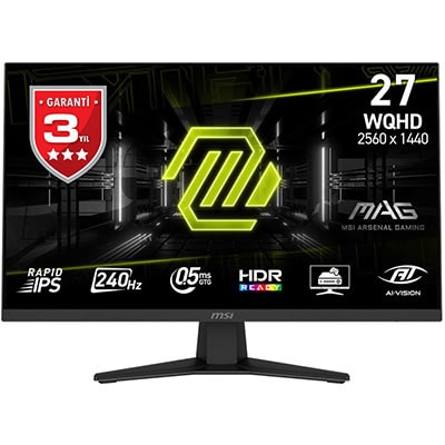 144 Hz Oyun Monitörü, 2560x1440 WQHD, MSI MAG, HDR Ready, 0.5 ms tepki süresi, RAPID IPS teknolojisi, düşük gecikme, 27 inç, A-Vision teknolojisi, yüksek performanslı gaming ekranı.
