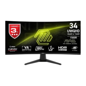 Yüksek çözünürlüklü 34 inç MSI oyun monitörü, 3440x1440 UHD ekran, 180Hz yenileme hızı, 1ms tepki süresi, HDR ready ve VA panel ile profesyonel gaming deneyimi sağlar.