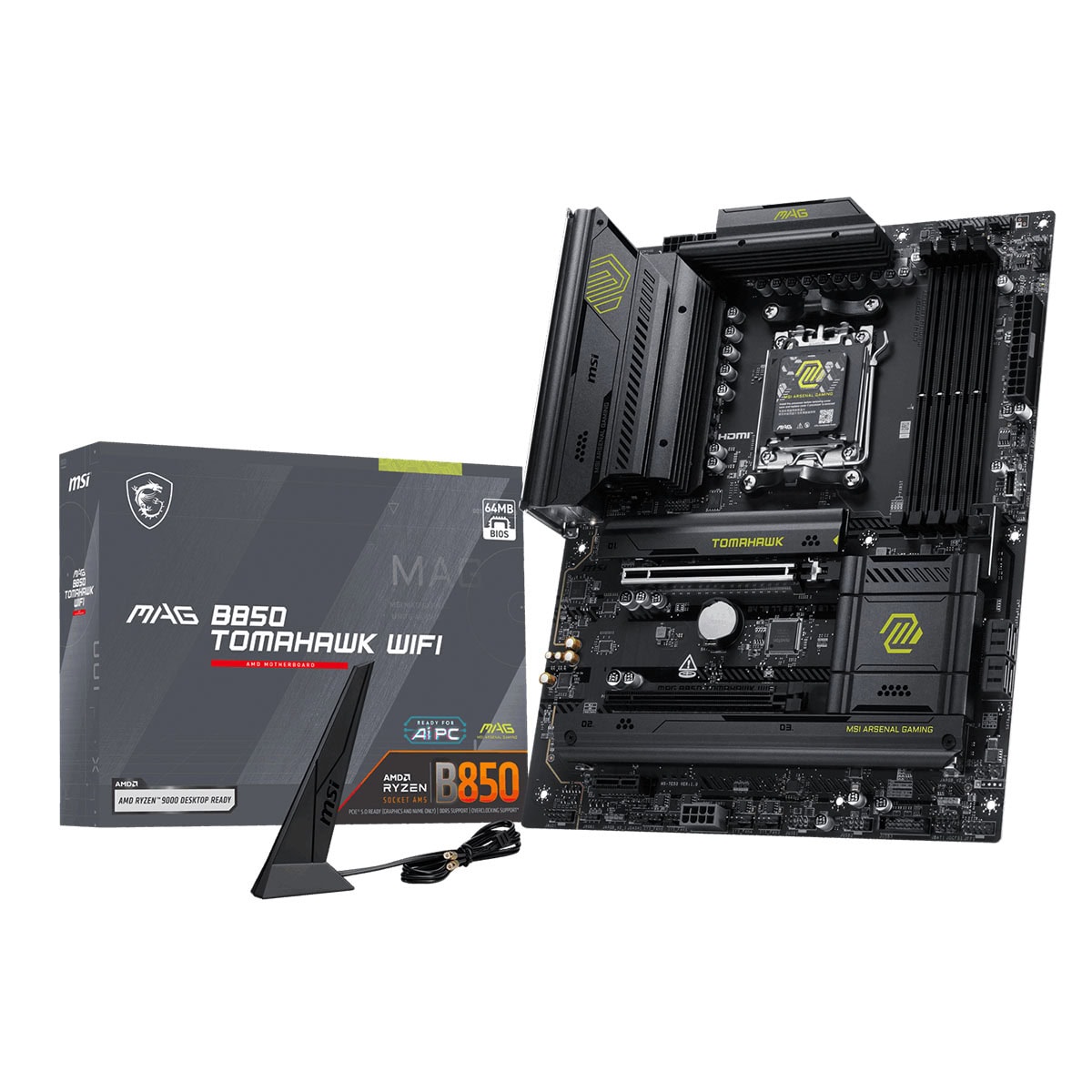 MSI MAG B850 Tomahawk WiFi anakart ve AMD Ryzen işlemci uyumlu, yüksek hız ve güç sağlayan, oyun ve video düzenleme için ideal, gelişmiş bağlantı özellikleriyle dikkat çeker.