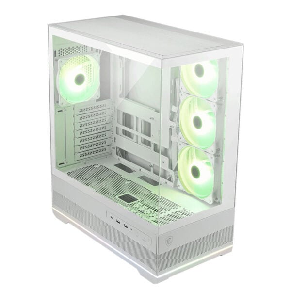 Koyu veya açık renkli iç yapı ve parlak yeşil LED soğutucu fanlarıyla modern ve şık oyuncu bilgisayarı kasası. Üçlü ön fan ve geniş iç hacim ile yüksek performanslı oyun sistemleri için ideal.
