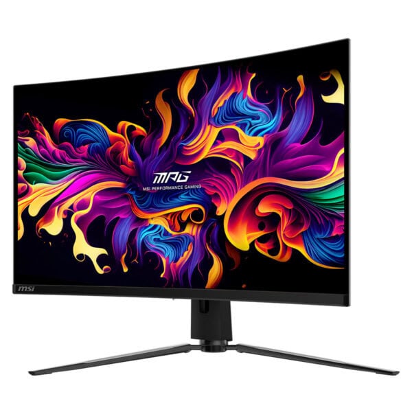 Görüntüde MSI Performance Gaming monitör, canlı ve renkli soyut grafiklerle ekranını süslüyor. Yüksek performans ve oyun deneyimi için tasarlanmış bu monitör, şık ve modern tasarımıyla dikkat çekiyor. Gaming ve profesyonel kullanım için uygun, yüksek çözünürlüklü ekran özelliklerine sahip MSI monitör, görsel kaliteyi ön plana çıkarıyor. Ev ve ofis ortamları için ideal, yüksek kaliteli oyun ve grafik tasarım monitörü.