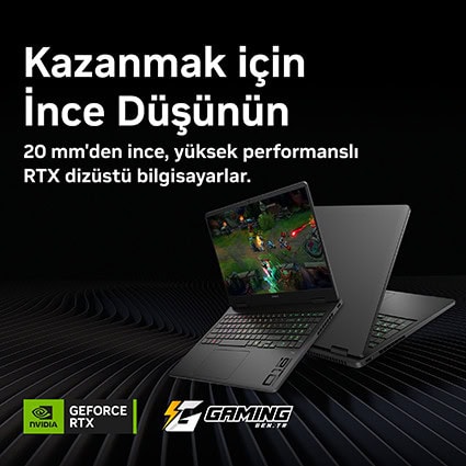 Yüksek performanslı RTX dizüstü bilgisayarlar, 20 mm’den ince tasarımıyla üstün oyun deneyimi sağlar.