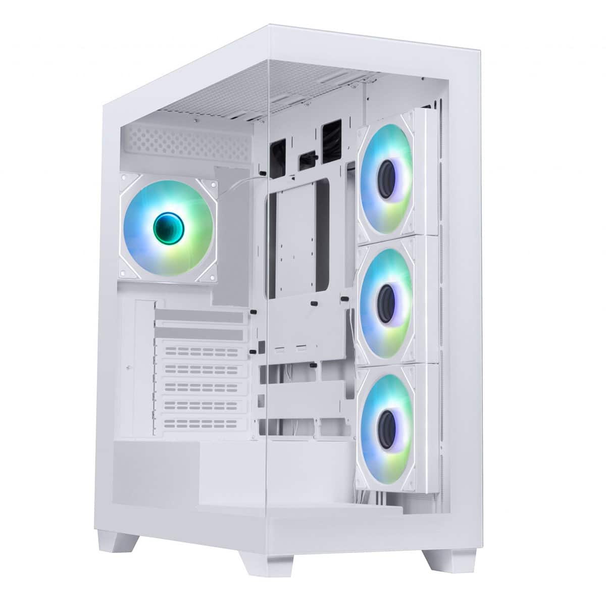 Beyaz oyun bilgisayarı kasası içi, RGB aydınlatmalı fanlar ve modern tasarım.