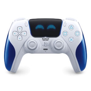 Oyun konsolu için tasarlanmış PlayStation 5 DualSense kablosuz kontrol cihazı, mavi ve beyaz renklerde, dokunmatik yüzey ve gelişmiş dokunmatik tepkilerle donatılmış.