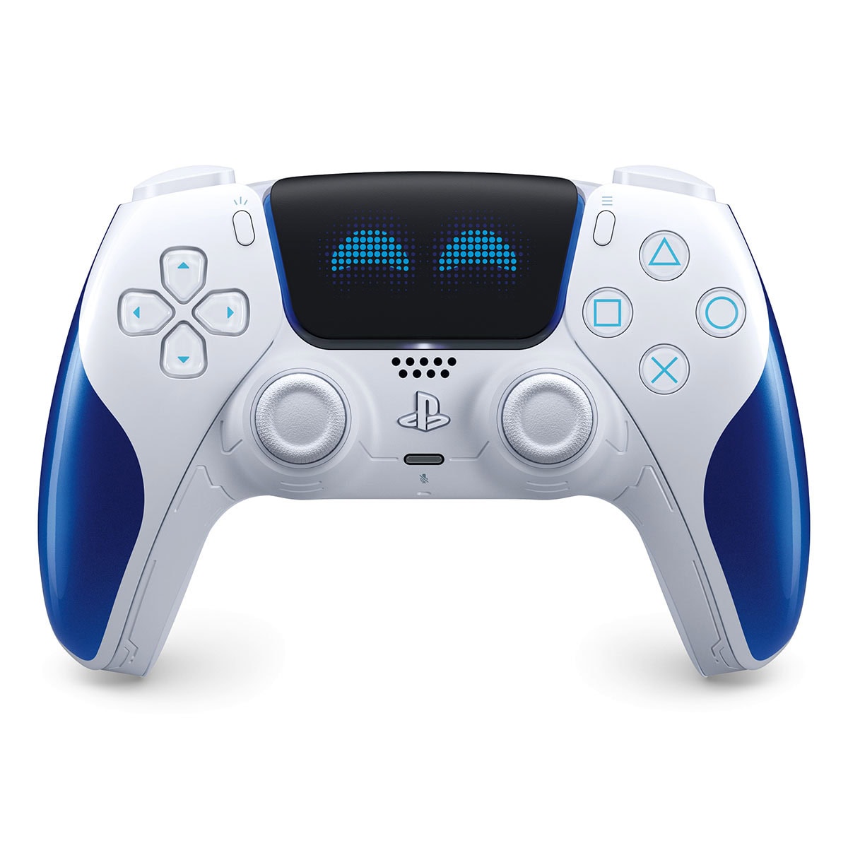 Oyun konsolu için tasarlanmış PlayStation 5 DualSense kablosuz kontrol cihazı, mavi ve beyaz renklerde, dokunmatik yüzey ve gelişmiş dokunmatik tepkilerle donatılmış.
