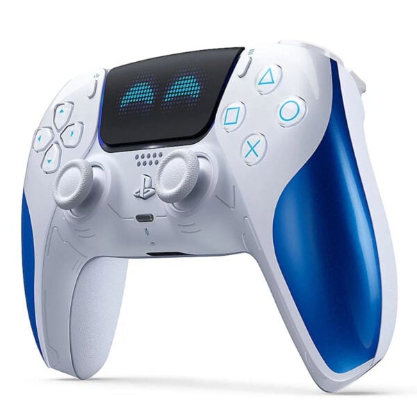 Yüksek çözünürlüklü PlayStation 5 kontrolörü, mavi ve beyaz renklerde, ergonomik tasarımıyla oyun deneyimini artırıyor. Modern tasarımı ve gelişmiş özellikleri ile en iyi oyun aksesuarlarından biri.