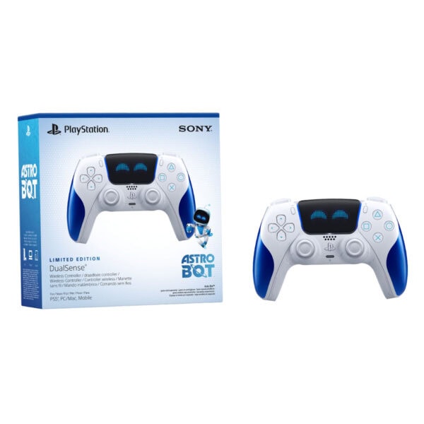 Yüksek kaliteli PlayStation DualSense kablosuz oyun kontrolörü ve Astro Bot limited edition koleksiyon seti, PS5, PC ve mobil cihazlar için uyumlu, çift titreşim ve gelişmiş dokunmatik özellikler içerir.