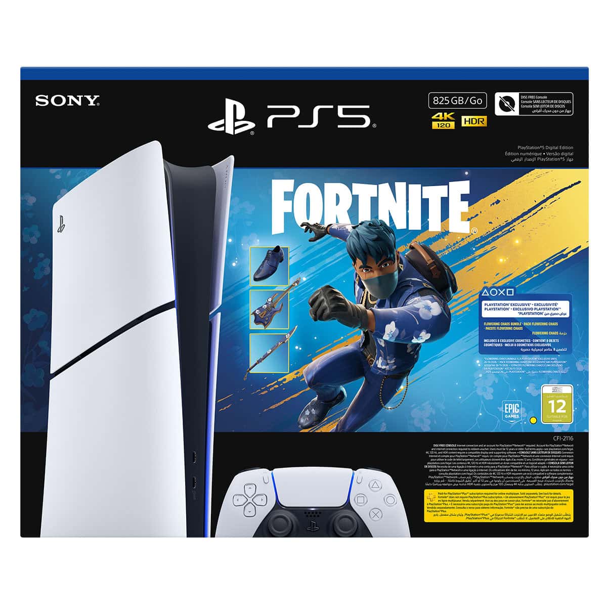 Yüksek çözünürlüklü yeni nesil PS5 konsolu ve Fortnite temalı özel sürüm oyunu ile collab, dış mekan oynanış, oyun kolu ve aksesuar detayları, en yeni oyun teknolojileri, Türkçe dil desteği, ve boyut bilgileri içeren görsel.