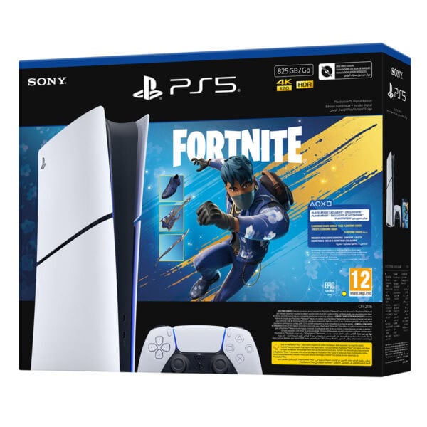 Yüksek çözünürlüklü PS5 Fortnite bundle kutusu, canlı renkler ve dinamik görsellerle oyun severlerin ilgisini çeken, yarışmaya hazır açık dünya savaş oyunu ve oyun aksesuarları içeren paket.