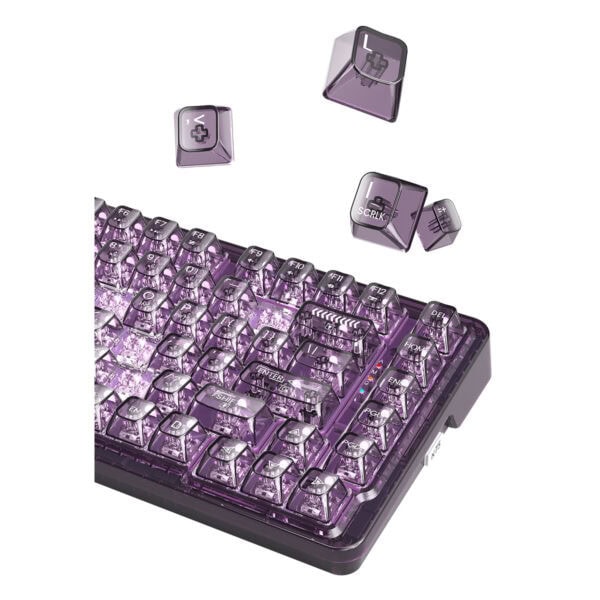 Parlak mor renkli gaming mekanik klavye ve çıkarılabilir tuşlar, RGB LED aydınlatmalı, profesyonel oyun klavyesi, yüksek performanslı ve şık tasarım, bilgisayar oyuncuları için ideal.
