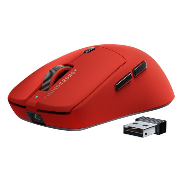 Yüksek çözünürlüklü kırmızı oyun faresi ve kablosuz bağlantı usb alıcısı ile birlikte, Thunderobot markalı ergonomik gaming mouse, profesyonel oyun deneyimi için tasarlandı.