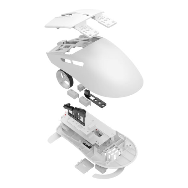 Yapay zeka ile açılmış beyaz oyun fare gövdesi ve iç parçaları, ergonomik tasarım ve yüksek performanslı oyuncu ekipmanı. Son teknoloji bağlantı ve tuş teknolojisi ile profesyonel oyun deneyimi sunar.