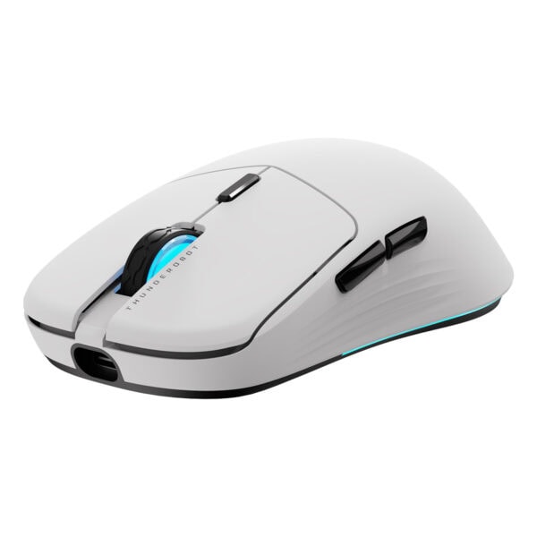 Yapay zekalı beyaz oyun faresinin yakın çekim görseli, ergonomik tasarım ve renkli ışık detaylarıyla gaming ve teknoloji tutkunları için ideal. Thunderobot markasıyla yüksek performans sağlar.