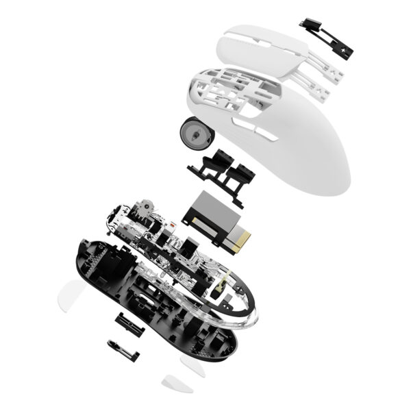 Yapısal detaylarıyla oyun mouse'unun iç parçalarını gösteren şematik diyagram, gaming ekipmanları ve bilgisayar donanımı ilgilileri için SEO açısından optimize edilmiştir.