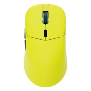 Yarışmaya hazır parlak sarı oyuncu faresinin üstten görünümü, ergonomik tasarım ve yüksek performanslı oyun teknolojisi ile donatılmış. LED ışıklandırma detayları ve hassas tuşlar ile oyun deneyimini artırır.