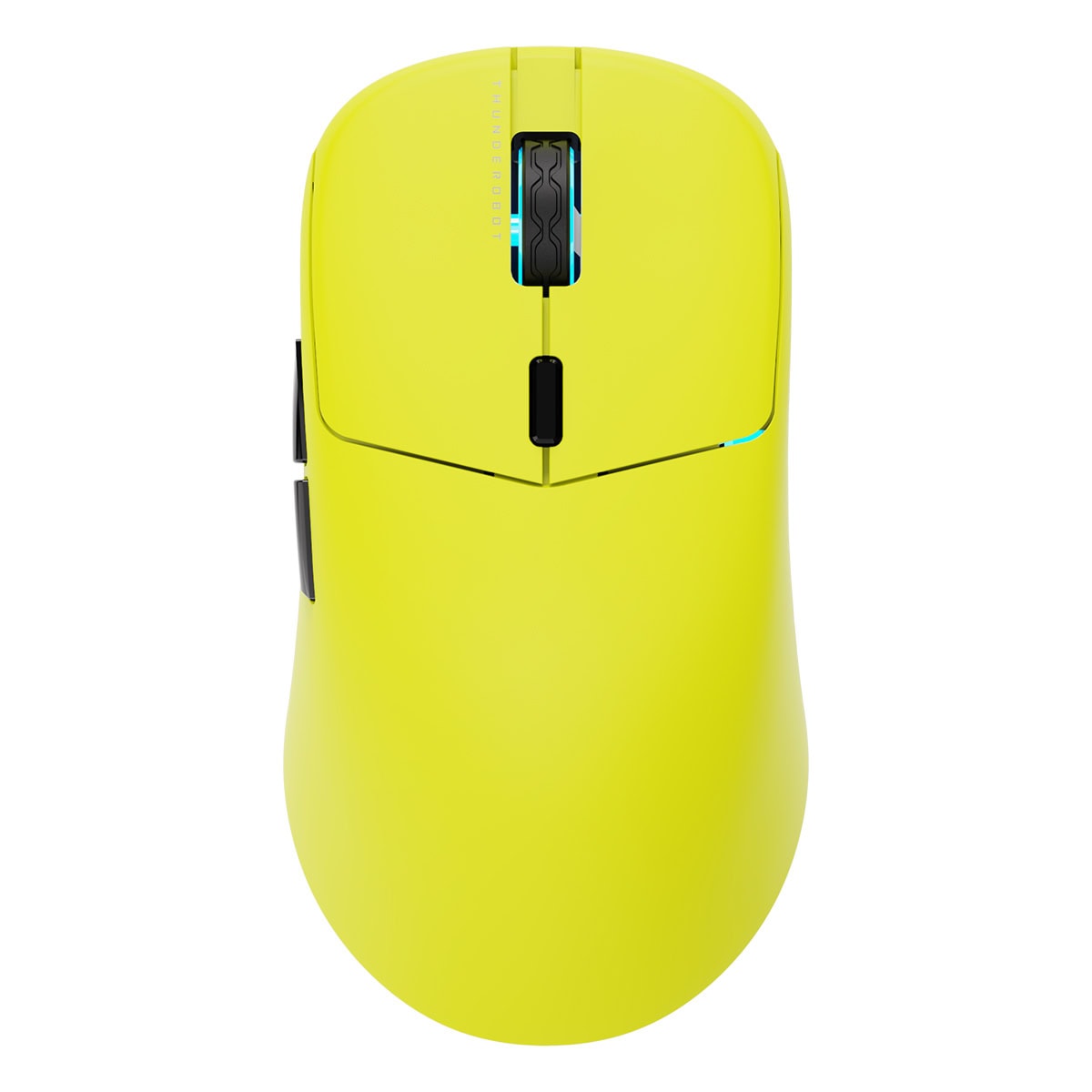 Yarışmaya hazır parlak sarı oyuncu faresinin üstten görünümü, ergonomik tasarım ve yüksek performanslı oyun teknolojisi ile donatılmış. LED ışıklandırma detayları ve hassas tuşlar ile oyun deneyimini artırır.