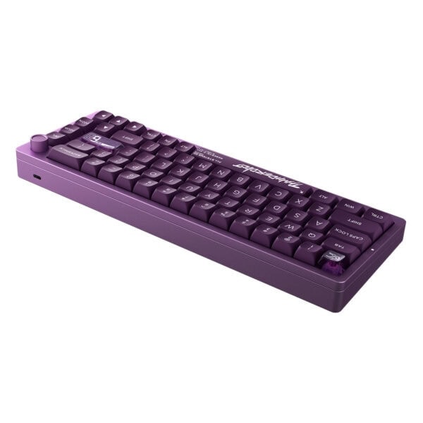 Renkli oyun ve programlama için kablosuz mini mekanik klavye, mor renk, RGB aydınlatmalı, kompakt tasarım, gaming ve ofis kullanımı için uygun.