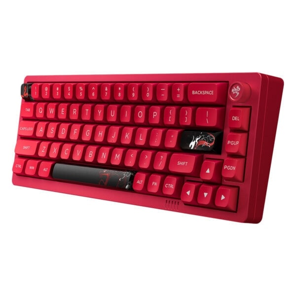 Kırmızı renkli gaming mekanik klavye, dragon temalı tuşlar ve ergonomik tasarım ile oyuncular için ideal. Kompakt, dayanıklı ve yüksek performanslı, oyun deneyimini artıran klavye modeli.