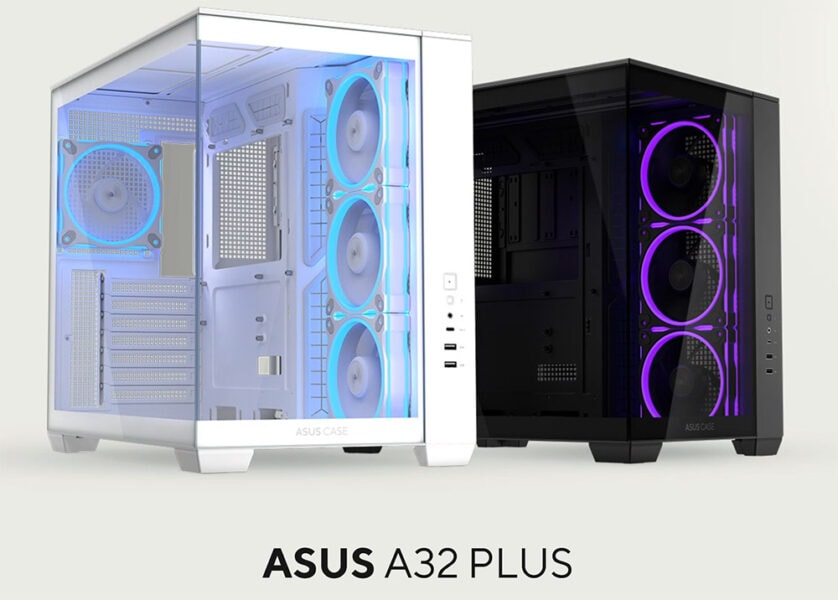 ASUS A32 PLUS Case Yüksek hava akışlı beyaz bilgisayar kasası, RGB aydınlatmalı soğutucu fanlar ve geniş iç hacimle oyun ve yüksek performans ihtiyaçlarına uygun.