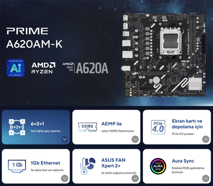 PRIME A620AM-K ASUS PRIME A620AM-K 7600MHz (OC) DDR5 mATX Anakart H2