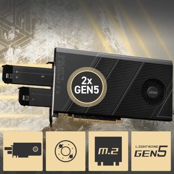 MSI M.2 Xpander Z - 2x GEN5 M.2 SSD genişletici kartı, üst düzey oyun ve hafıza hızları için tasarlandı, yüksek dayanıklılık ve modern teknolojilerle donatılmış, oyun ve profesyonel kullanımlar için ideal.